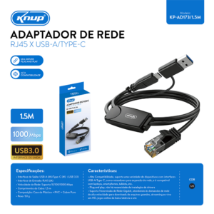 ADPTADOR REDE RJ45 X USB-A/TYPE-C AD173/1.5M